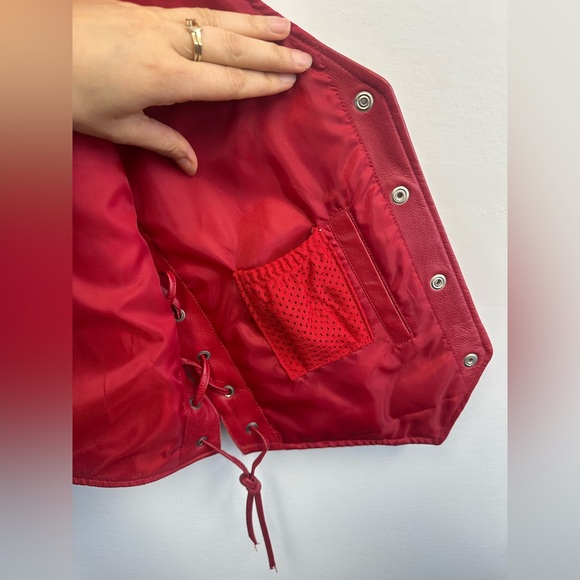 Vintage 90s Red Lace Up Leather Biker Vest Snap Front Size M - Picture 12 of 14
